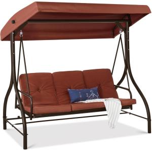 imageBest Choice Products 3Seat Outdoor Large Converting Canopy Swing Glider Patio Hammock Lounge Chair for Porch Backyard wFlatbed Adjustable Shade Removable Cushions  BlackDark Rust