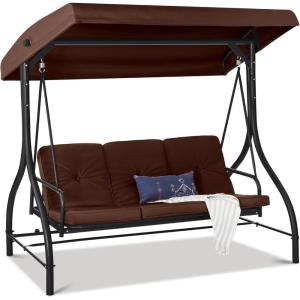 imageBest Choice Products 3Seat Outdoor Large Converting Canopy Swing Glider Patio Hammock Lounge Chair for Porch Backyard wFlatbed Adjustable Shade Removable Cushions  BlackBrown