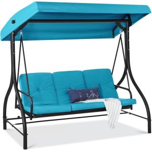 imageBest Choice Products 3Seat Outdoor Large Converting Canopy Swing Glider Patio Hammock Lounge Chair for Porch Backyard wFlatbed Adjustable Shade Removable Cushions  BlackSky Blue