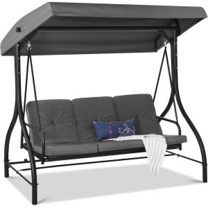 imageBest Choice Products 3Seat Outdoor Large Converting Canopy Swing Glider Patio Hammock Lounge Chair for Porch Backyard wFlatbed Adjustable Shade Removable Cushions  BlackGray