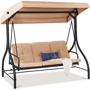 imageBest Choice Products 3Seat Outdoor Large Converting Canopy Swing Glider Patio Hammock Lounge Chair for Porch Backyard wFlatbed Adjustable Shade Removable Cushions  BlackTan