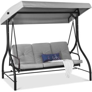 imageBest Choice Products 3Seat Outdoor Large Converting Canopy Swing Glider Patio Hammock Lounge Chair for Porch Backyard wFlatbed Adjustable Shade Removable Cushions  BlackFog Gray