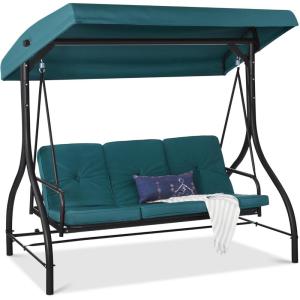 imageBest Choice Products 3Seat Outdoor Large Converting Canopy Swing Glider Patio Hammock Lounge Chair for Porch Backyard wFlatbed Adjustable Shade Removable Cushions  BlackPeacock