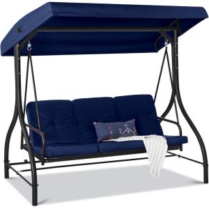 imageBest Choice Products 3Seat Outdoor Large Converting Canopy Swing Glider Patio Hammock Lounge Chair for Porch Backyard wFlatbed Adjustable Shade Removable Cushions  BlackNavy