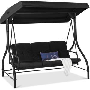 imageBest Choice Products 3Seat Outdoor Large Converting Canopy Swing Glider Patio Hammock Lounge Chair for Porch Backyard wFlatbed Adjustable Shade Removable Cushions  BlackBlack