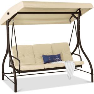 imageBest Choice Products 3Seat Outdoor Large Converting Canopy Swing Glider Patio Hammock Lounge Chair for Porch Backyard wFlatbed Adjustable Shade Removable Cushions  BlackIvory