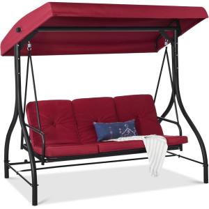 imageBest Choice Products 3Seat Outdoor Large Converting Canopy Swing Glider Patio Hammock Lounge Chair for Porch Backyard wFlatbed Adjustable Shade Removable Cushions  BlackBurgundy