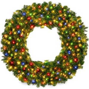 imageBest Choice Products 48in Large Artificial PreLit Fir Christmas Wreath Holiday Accent Decoration w 200 LED Lights 714 PVC TipsMulticolor Lights