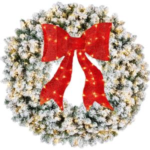 imageBest Choice Products 48in Large Flocked Artificial PreLit Fir Christmas Wreath Holiday Accent Decoration for Door Mantel wRed Lighted Bow 250 LED Lights 714 PVC Tips Power PluginFlocked