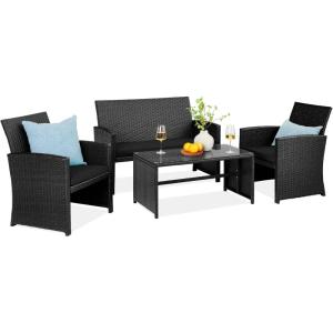 imageBest Choice Products 4Piece Outdoor Wicker Patio Conversation Furniture Set for Backyard wCoffee Table Seat Cushions  BrownMidnight GreenBlackBlack