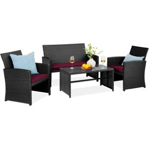 imageBest Choice Products 4Piece Outdoor Wicker Patio Conversation Furniture Set for Backyard wCoffee Table Seat Cushions  BrownMidnight GreenBlackDeep Burgundy