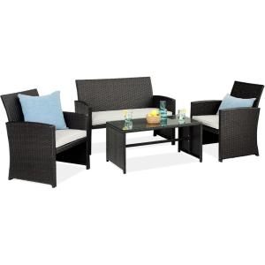imageBest Choice Products 4Piece Outdoor Wicker Patio Conversation Furniture Set for Backyard wCoffee Table Seat Cushions  BrownMidnight GreenBlackWhite Sand