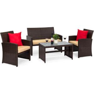 imageBest Choice Products 4Piece Outdoor Wicker Patio Conversation Furniture Set for Backyard wCoffee Table Seat Cushions  BrownMidnight GreenBrownBeige