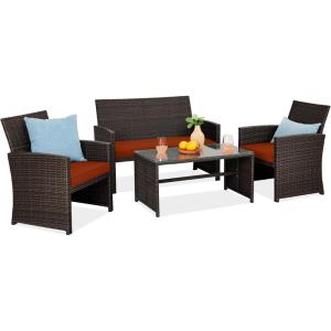 imageBest Choice Products 4Piece Outdoor Wicker Patio Conversation Furniture Set for Backyard wCoffee Table Seat Cushions  BrownMidnight GreenBrownDark Rust