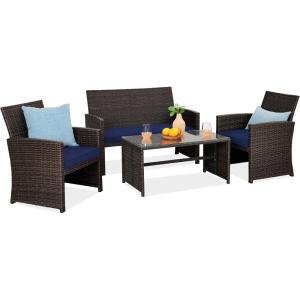 imageBest Choice Products 4Piece Outdoor Wicker Patio Conversation Furniture Set for Backyard wCoffee Table Seat Cushions  BrownMidnight GreenBrownNavy