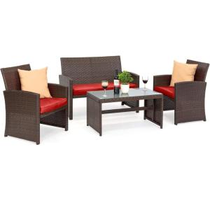 imageBest Choice Products 4Piece Outdoor Wicker Patio Conversation Furniture Set for Backyard wCoffee Table Seat Cushions  BrownMidnight GreenBrownRed