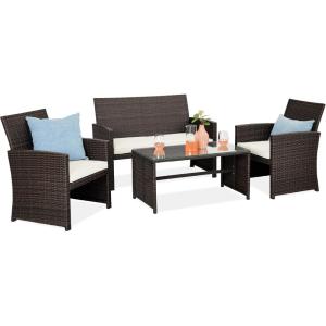 imageBest Choice Products 4Piece Outdoor Wicker Patio Conversation Furniture Set for Backyard wCoffee Table Seat Cushions  BrownMidnight GreenBrownWhite Sand