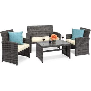 imageBest Choice Products 4Piece Outdoor Wicker Patio Conversation Furniture Set for Backyard wCoffee Table Seat Cushions  BrownMidnight GreenGrayCream