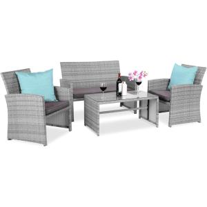 imageBest Choice Products 4Piece Outdoor Wicker Patio Conversation Furniture Set for Backyard wCoffee Table Seat Cushions  BrownMidnight GreenGrayGray