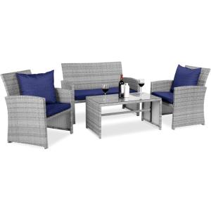 imageBest Choice Products 4Piece Outdoor Wicker Patio Conversation Furniture Set for Backyard wCoffee Table Seat Cushions  BrownMidnight GreenGrayNavy