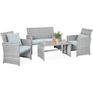 imageBest Choice Products 4Piece Outdoor Wicker Patio Conversation Furniture Set for Backyard wCoffee Table Seat Cushions  BrownMidnight GreenGrayPastel Blue