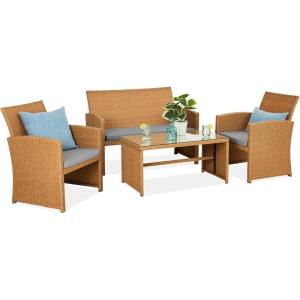 imageBest Choice Products 4Piece Outdoor Wicker Patio Conversation Furniture Set for Backyard wCoffee Table Seat Cushions  BrownMidnight GreenNaturalCement Gray