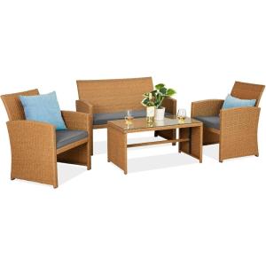 imageBest Choice Products 4Piece Outdoor Wicker Patio Conversation Furniture Set for Backyard wCoffee Table Seat Cushions  BrownMidnight GreenNaturalGray