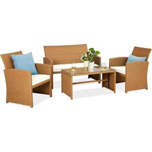 imageBest Choice Products 4Piece Outdoor Wicker Patio Conversation Furniture Set for Backyard wCoffee Table Seat Cushions  BrownMidnight GreenNaturalIvory