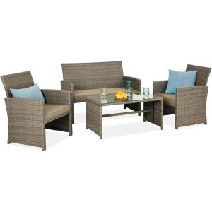 imageBest Choice Products 4Piece Outdoor Wicker Patio Conversation Furniture Set for Backyard wCoffee Table Seat Cushions  BrownMidnight GreenTaupeDesert