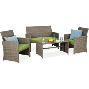 imageBest Choice Products 4Piece Outdoor Wicker Patio Conversation Furniture Set for Backyard wCoffee Table Seat Cushions  BrownMidnight GreenTaupePistachio