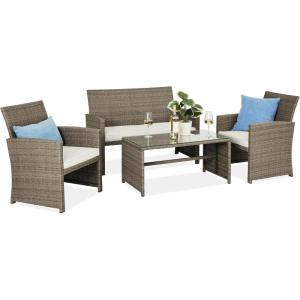 imageBest Choice Products 4Piece Outdoor Wicker Patio Conversation Furniture Set for Backyard wCoffee Table Seat Cushions  BrownMidnight GreenTaupeWhite Sand