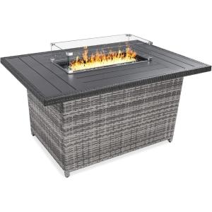 imageBest Choice Products 52in 50000 BTU Outdoor Wicker Patio Propane Gas Fire Pit Table wAluminum Tabletop Glass Wind Guard Clear Glass Rocks Cover Slide Out Tank Holder and Lid  GrayGray