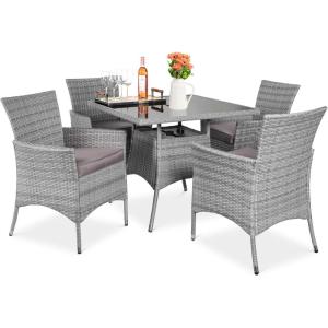 imageBest Choice Products 5Piece Indoor Outdoor Wicker Dining Set Furniture for Patio Backyard wSquare Glass Tabletop Umbrella Cutout 4 Chairs  CreamGrey