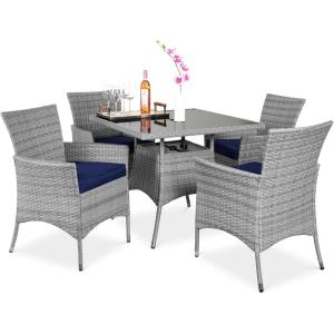 imageBest Choice Products 5Piece Indoor Outdoor Wicker Dining Set Furniture for Patio Backyard wSquare Glass Tabletop Umbrella Cutout 4 Chairs  CreamNavy