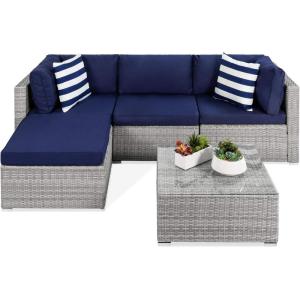 imageBest Choice Products 5Piece Modular Conversation Set Outdoor Sectional Wicker Furniture for Patio Backyard Garden w 3 Chairs Ottoman Chair 2 Pillows 6 Seat Clips Coffee Table  GrayNavy
