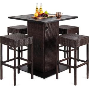 imageBest Choice Products 5Piece Outdoor Wicker Bar Table Set for Patio Poolside Backyard wBuiltin Bottle Opener Hidden Storage Shelf Metal Tabletop 4 Stools  BrownBrown