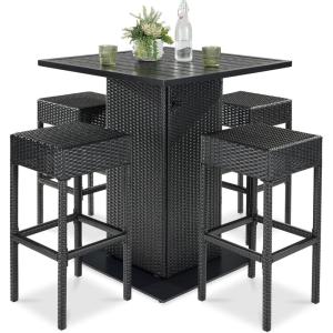 imageBest Choice Products 5Piece Outdoor Wicker Bar Table Set for Patio Poolside Backyard wBuiltin Bottle Opener Hidden Storage Shelf Metal Tabletop 4 Stools  BrownBlack