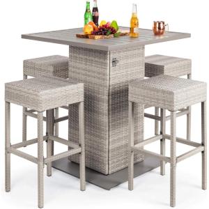 imageBest Choice Products 5Piece Outdoor Wicker Bar Table Set for Patio Poolside Backyard wBuiltin Bottle Opener Hidden Storage Shelf Metal Tabletop 4 Stools  BrownGrey