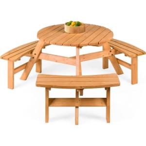 imageBest Choice Products 6Person Circular Outdoor Wooden Picnic Table for Patio Backyard Garden DIY w 3 Builtin Benches 500lb Capacity  NaturalNatural