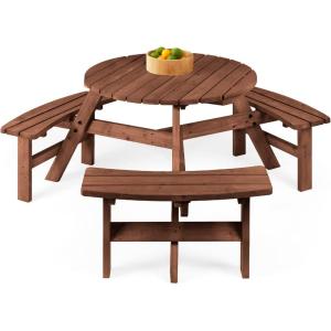 imageBest Choice Products 6Person Circular Outdoor Wooden Picnic Table for Patio Backyard Garden DIY w 3 Builtin Benches 500lb Capacity  NaturalWalnut Brown
