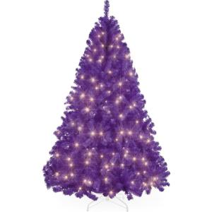 imageBest Choice Products 6ft PreLit Christmas Tree Premium Hinged Artificial Pine Lighted Holiday Tree for Home Office w 1000 Branch Tips 250 Lights Metal Hinges Foldable BasePurple