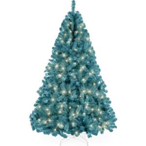 imageBest Choice Products 6ft PreLit Christmas Tree Premium Hinged Artificial Pine Lighted Holiday Tree for Home Office w 1000 Branch Tips 250 Lights Metal Hinges Foldable BasePeacock Blue