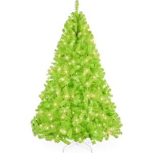 imageBest Choice Products 6ft PreLit Christmas Tree Premium Hinged Artificial Pine Lighted Holiday Tree for Home Office w 1000 Branch Tips 250 Lights Metal Hinges Foldable BaseLime Green