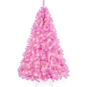 imageBest Choice Products 6ft PreLit Christmas Tree Premium Hinged Artificial Pine Lighted Holiday Tree for Home Office w 1000 Branch Tips 250 Lights Metal Hinges Foldable BasePink