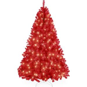 imageBest Choice Products 6ft PreLit Christmas Tree Premium Hinged Artificial Pine Lighted Holiday Tree for Home Office w 1000 Branch Tips 250 Lights Metal Hinges Foldable BaseRed