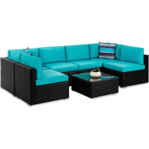 imageBest Choice Products 7Piece Modular Outdoor Sectional Wicker Patio Conversation Set w 2 Pillows Coffee Table Cover Included  TaupePistachioBlackTeal