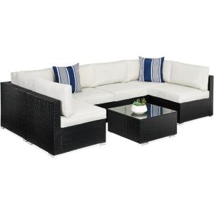imageBest Choice Products 7Piece Modular Outdoor Sectional Wicker Patio Conversation Set w 2 Pillows Coffee Table Cover Included  TaupePistachioBlackWhite Sand