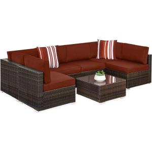 imageBest Choice Products 7Piece Modular Outdoor Sectional Wicker Patio Conversation Set w 2 Pillows Coffee Table Cover Included  TaupePistachioBrownDark Rust