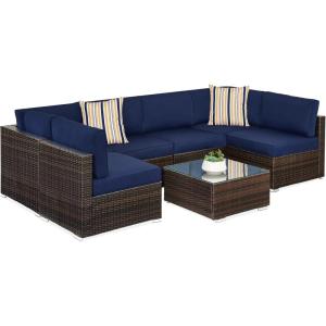 imageBest Choice Products 7Piece Modular Outdoor Sectional Wicker Patio Conversation Set w 2 Pillows Coffee Table Cover Included  TaupePistachioBrownNavy