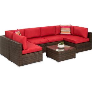 imageBest Choice Products 7Piece Modular Outdoor Sectional Wicker Patio Conversation Set w 2 Pillows Coffee Table Cover Included  TaupePistachioBrownRed